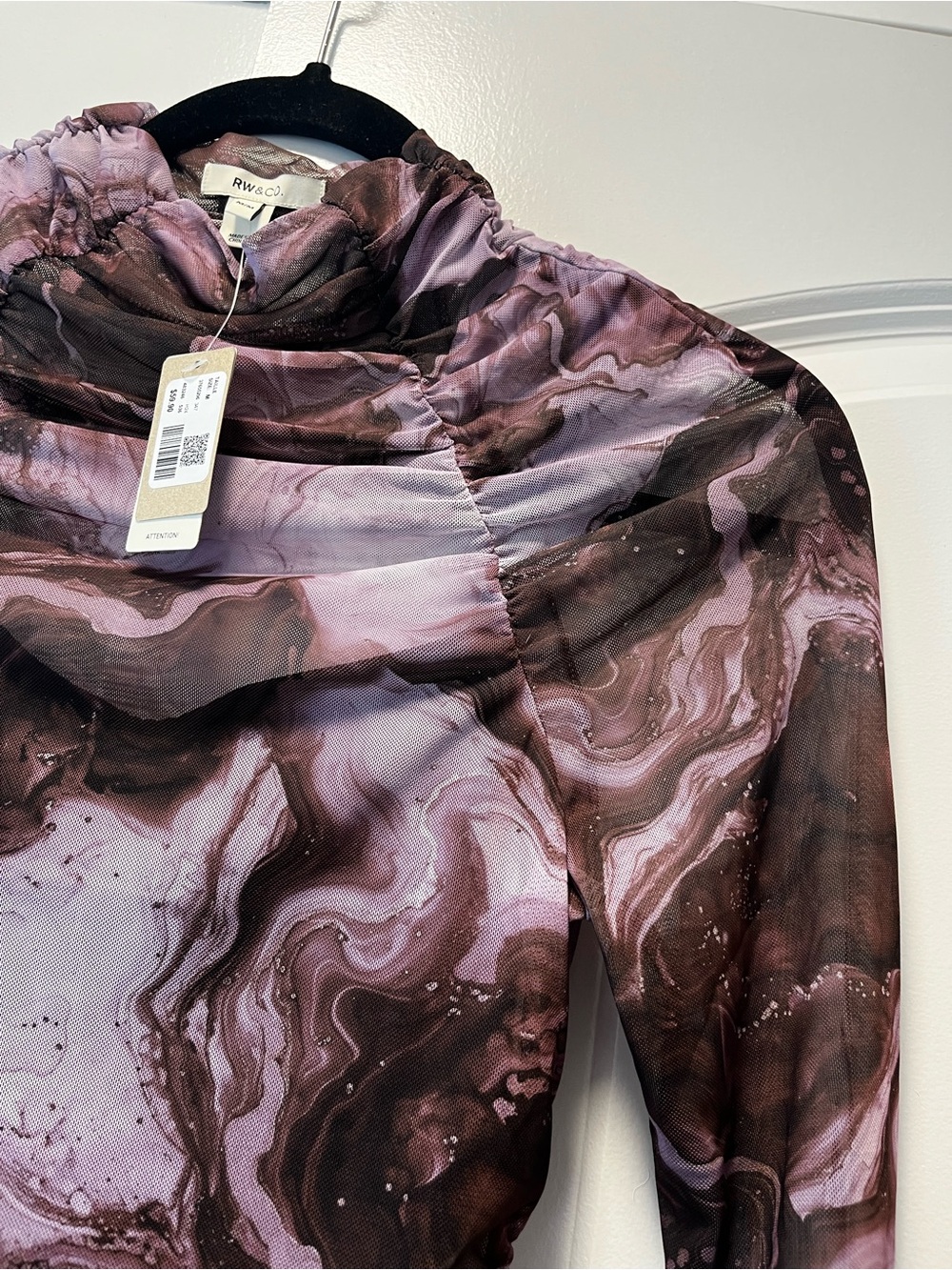NWT- RW&CO. Purple & grey sheer high neck Top w marble print and shirred details